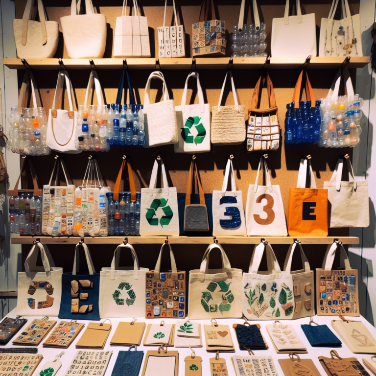 Sacolas artesanais com garrafas e papel reciclado